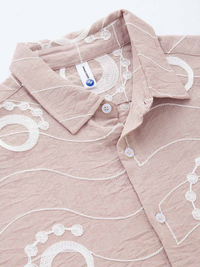 Thomas Scott Men Peach Short Sleeves Spread Collar Regular Fit Embroidered Shirt