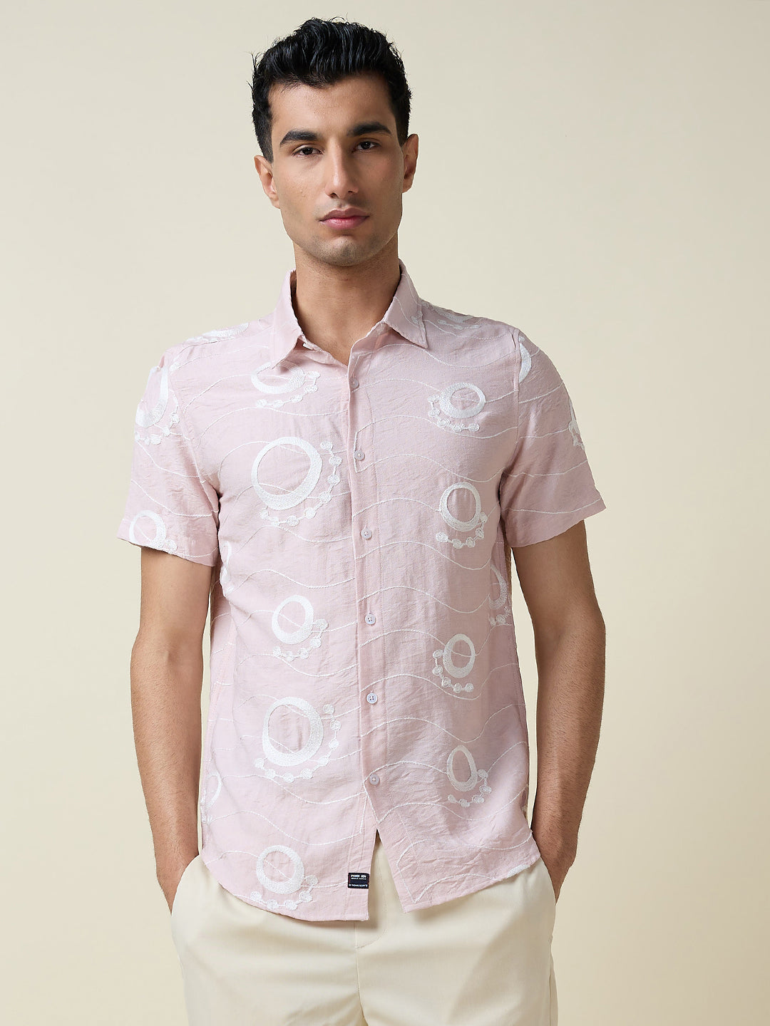 Thomas Scott Men Pink Short Sleeves Spread Collar Regular Fit Embroidered Shirt