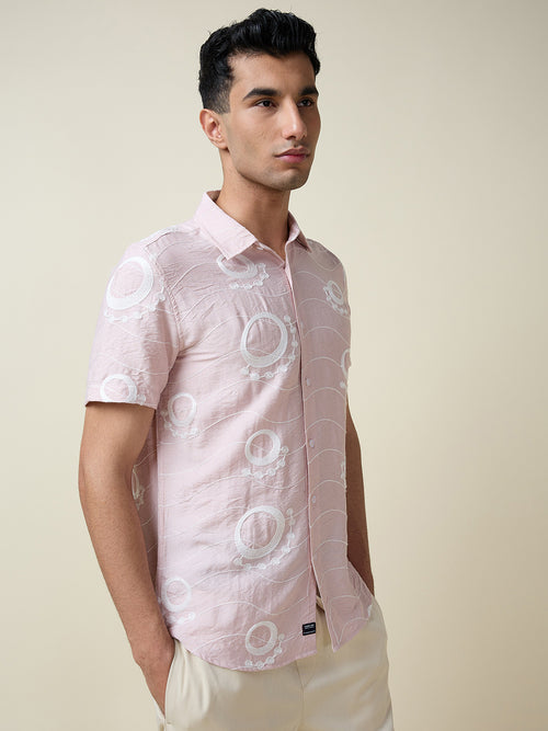 Thomas Scott Men Pink Short Sleeves Spread Collar Regular Fit Embroidered Shirt