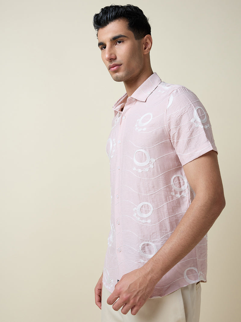 Thomas Scott Men Pink Short Sleeves Spread Collar Regular Fit Embroidered Shirt