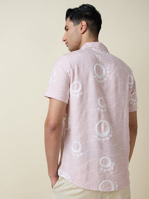 Thomas Scott Men Pink Short Sleeves Spread Collar Regular Fit Embroidered Shirt