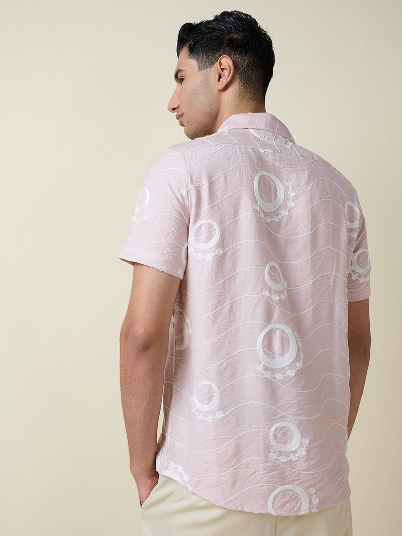Thomas Scott Men Pink Short Sleeves Spread Collar Regular Fit Embroidered Shirt