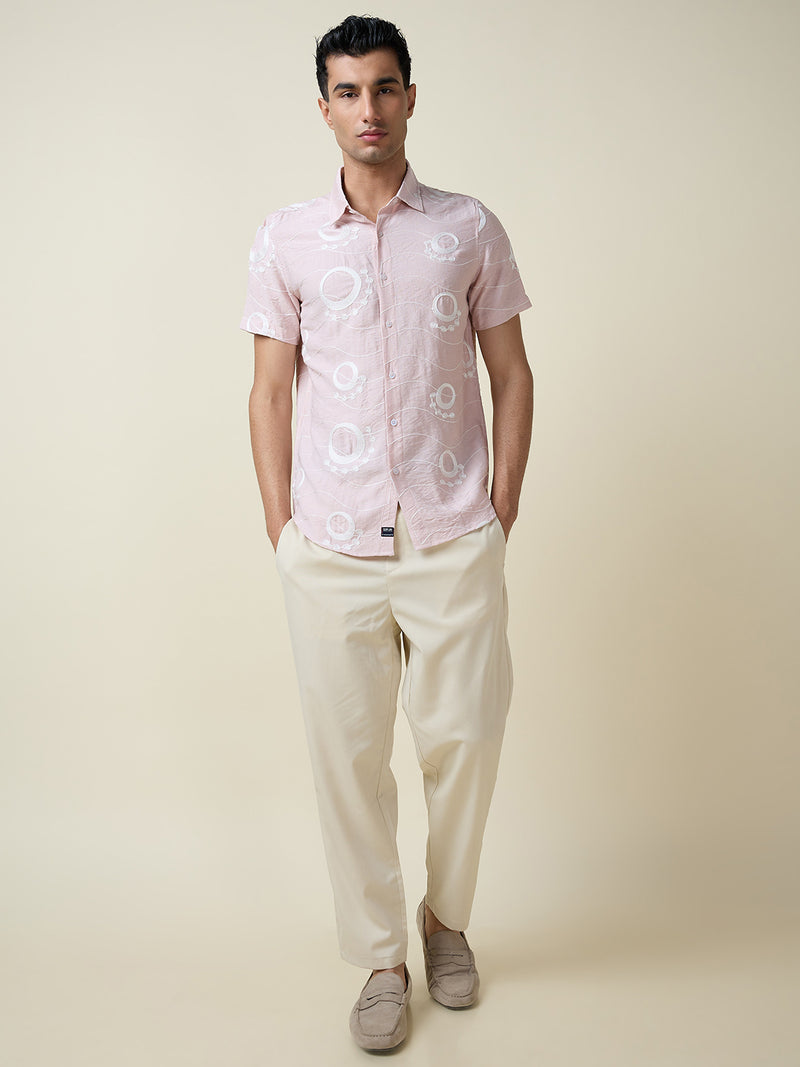 Thomas Scott Men Pink Short Sleeves Spread Collar Regular Fit Embroidered Shirt