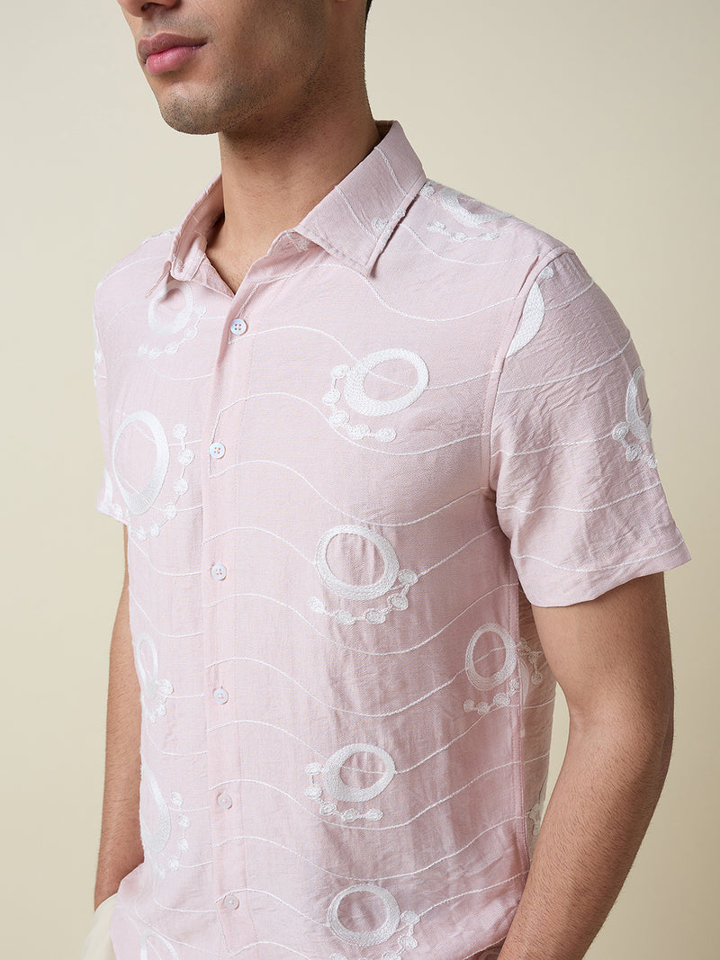 Thomas Scott Men Pink Short Sleeves Spread Collar Regular Fit Embroidered Shirt