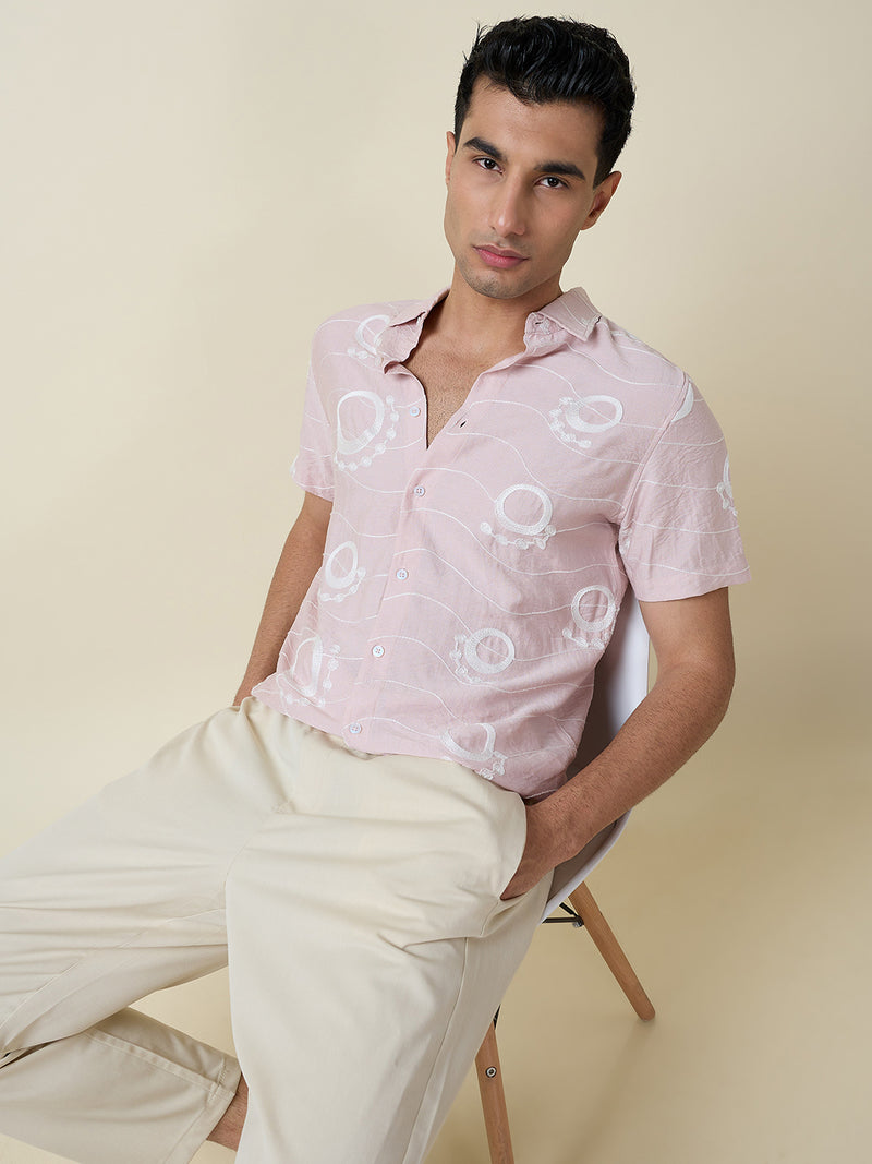 Thomas Scott Men Pink Short Sleeves Spread Collar Regular Fit Embroidered Shirt