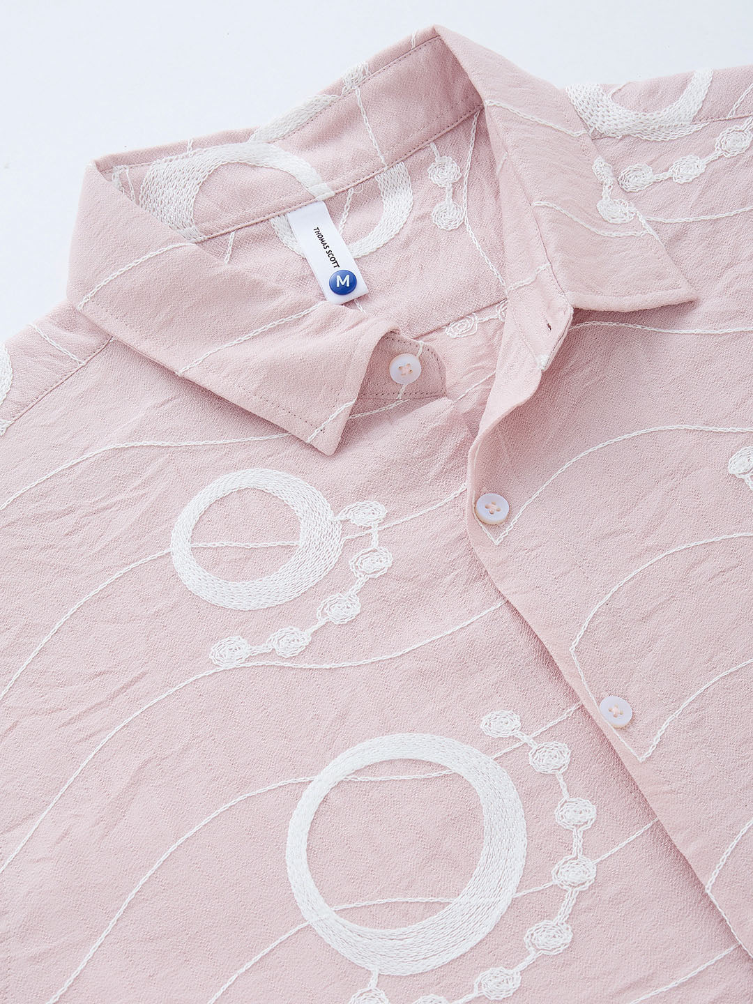Thomas Scott Men Pink Short Sleeves Spread Collar Regular Fit Embroidered Shirt