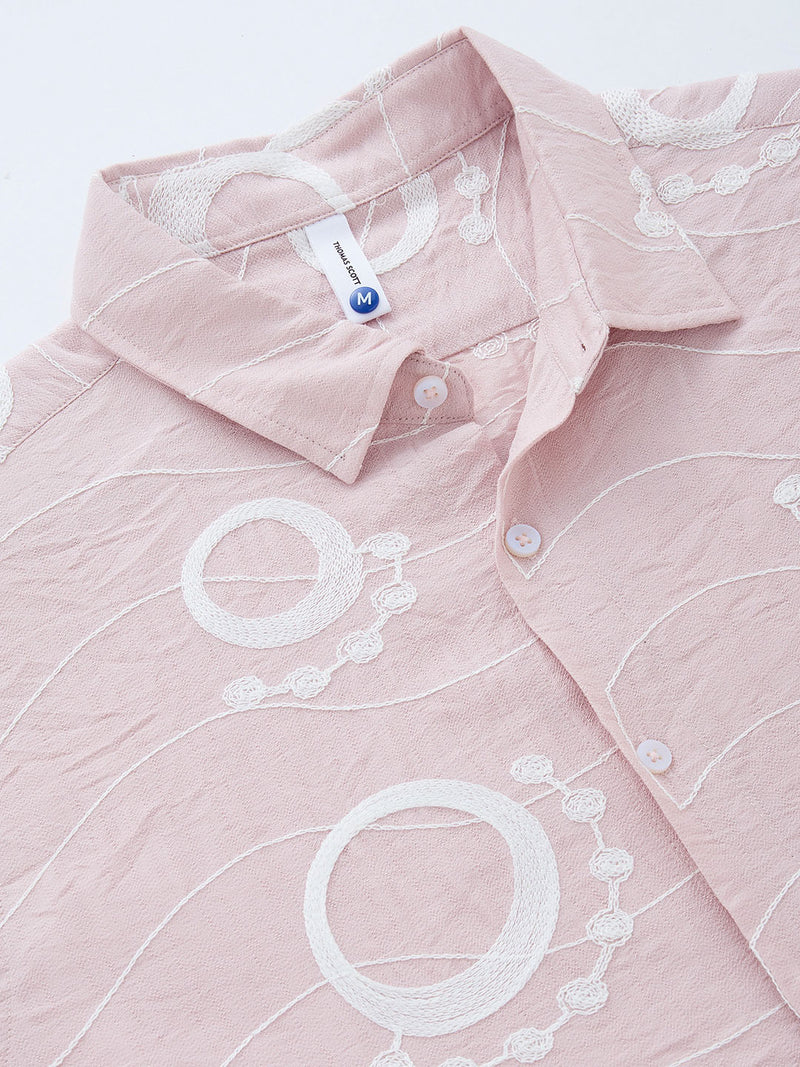 Thomas Scott Men Pink Short Sleeves Spread Collar Regular Fit Embroidered Shirt