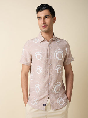 Peach Short Sleeves Spread Collar Regular Fit Embroidered Shirt For Men