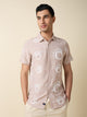 Peach Short Sleeves Spread Collar Regular Fit Embroidered Shirt For Men