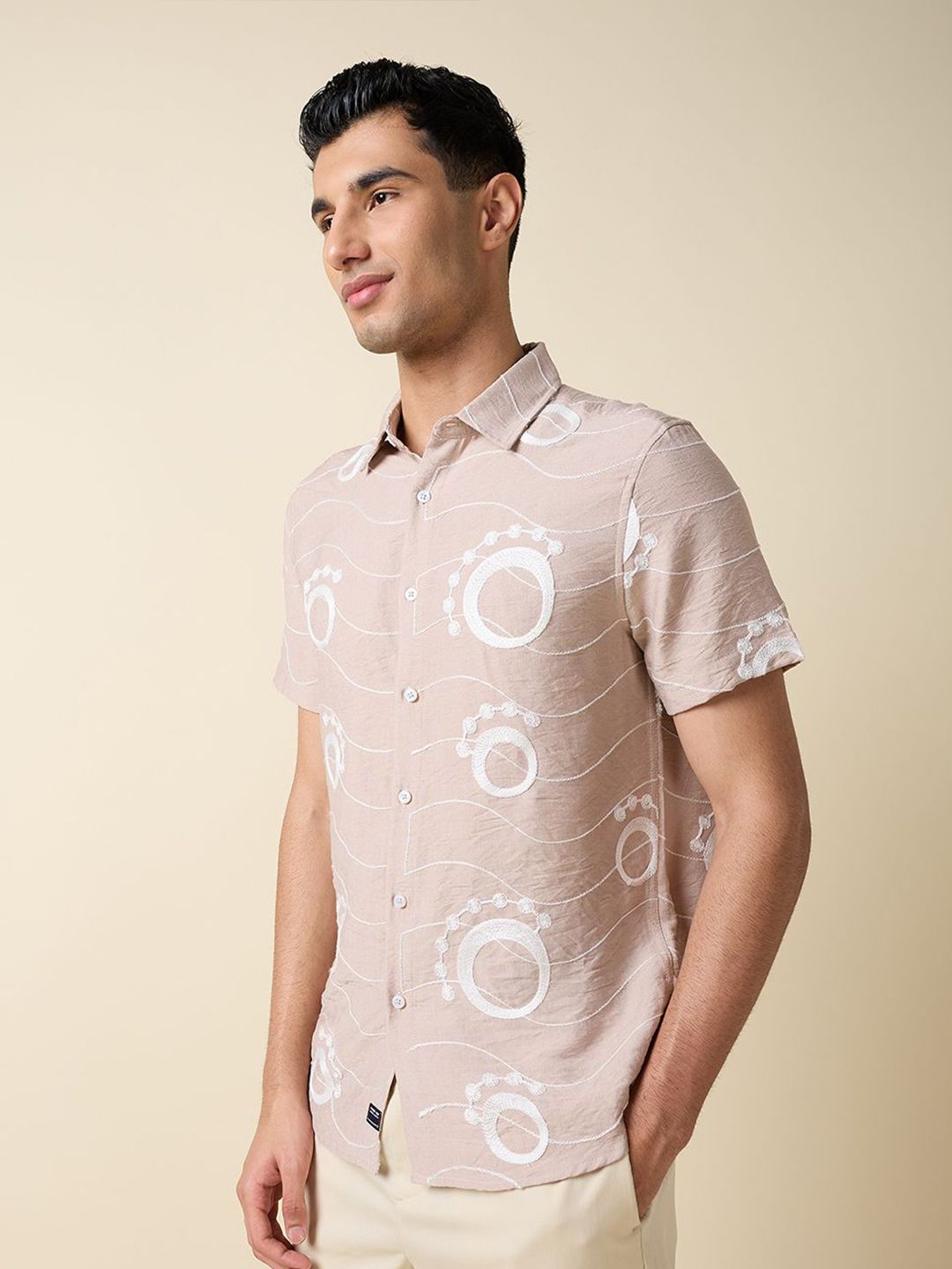 Peach Short Sleeves Spread Collar Regular Fit Embroidered Shirt For Men
