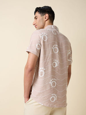 Peach Short Sleeves Spread Collar Regular Fit Embroidered Shirt For Men