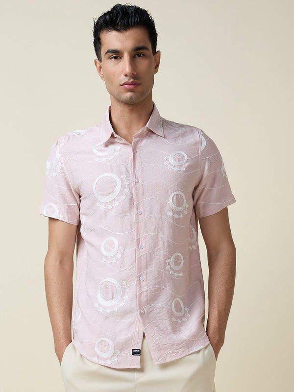 Pink Short Sleeves Spread Collar Regular Fit Embroidered Shirt For Men