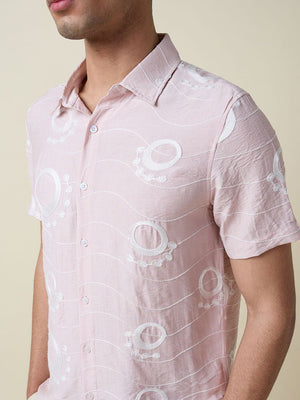 Pink Short Sleeves Spread Collar Regular Fit Embroidered Shirt For Men
