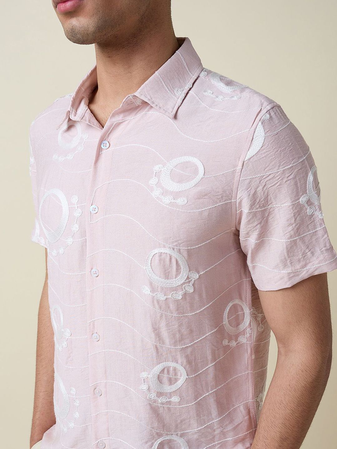 Pink Short Sleeves Spread Collar Regular Fit Embroidered Shirt For Men