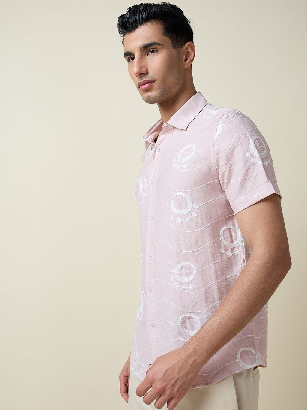 Pink Short Sleeves Spread Collar Regular Fit Embroidered Shirt For Men