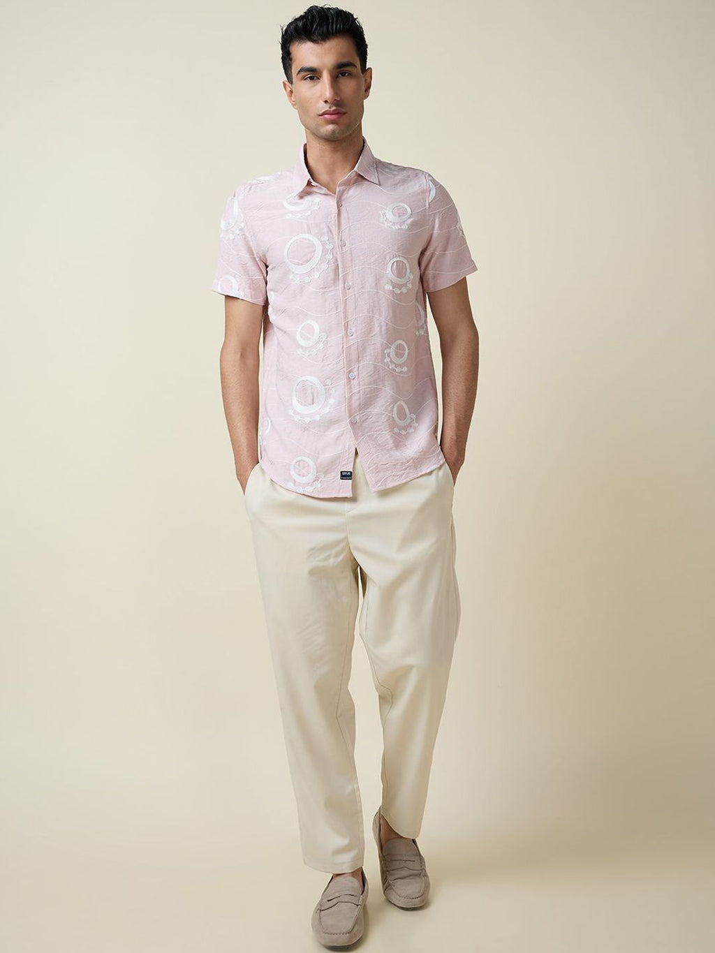 Pink Short Sleeves Spread Collar Regular Fit Embroidered Shirt For Men