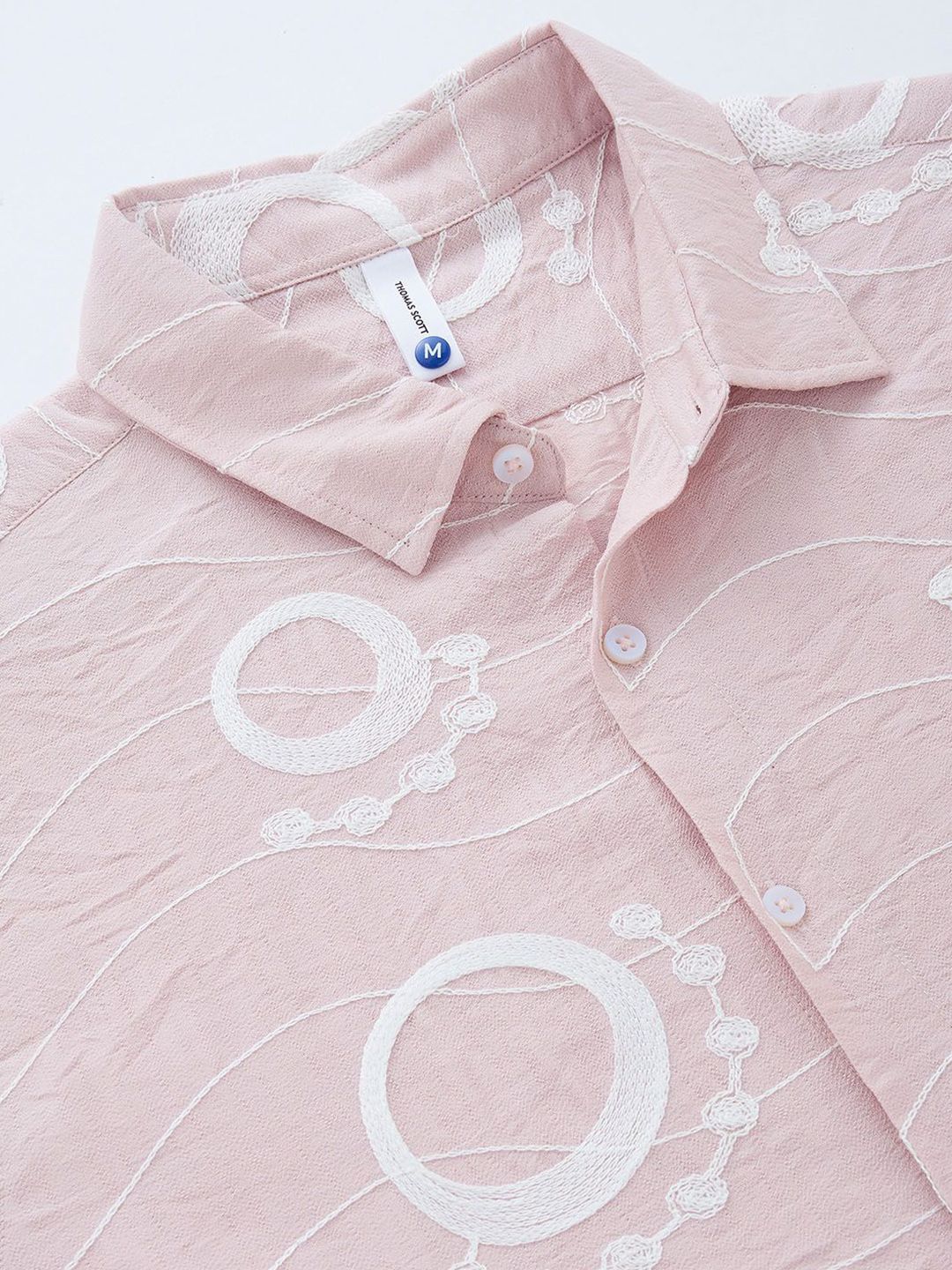 Pink Short Sleeves Spread Collar Regular Fit Embroidered Shirt For Men