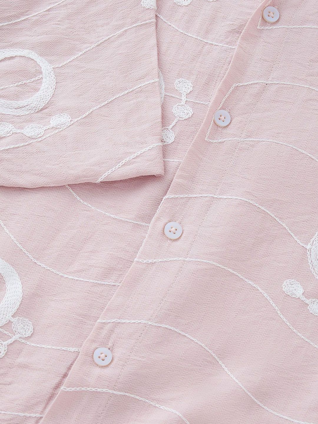 Pink Short Sleeves Spread Collar Regular Fit Embroidered Shirt For Men