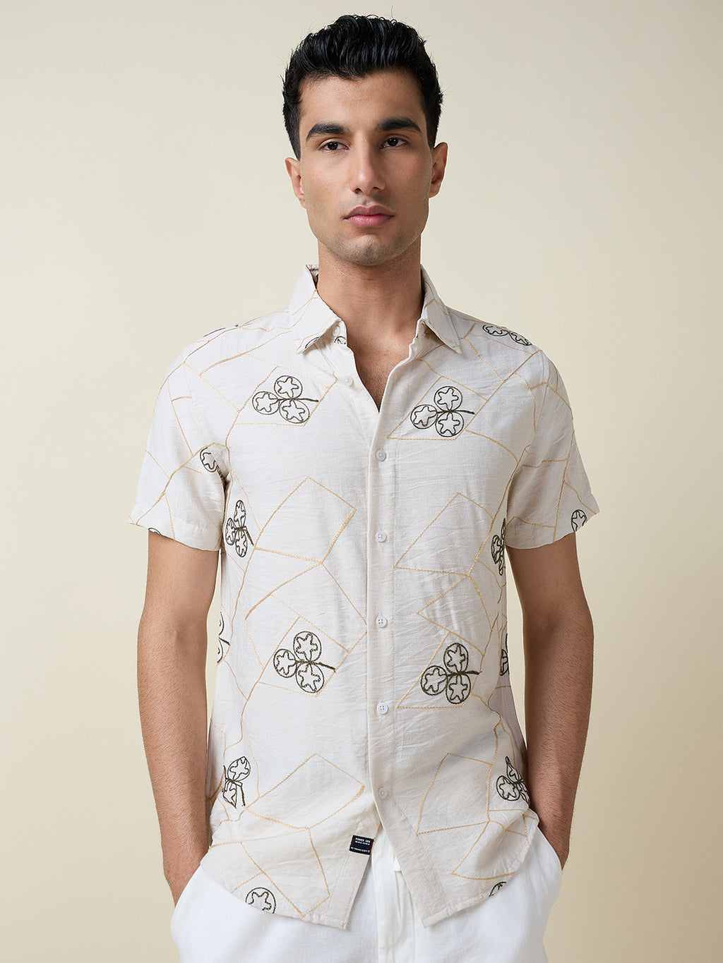 Thomas Scott Men Beige Short Sleeves Spread Collar Slim Fit Embroidered Shirt