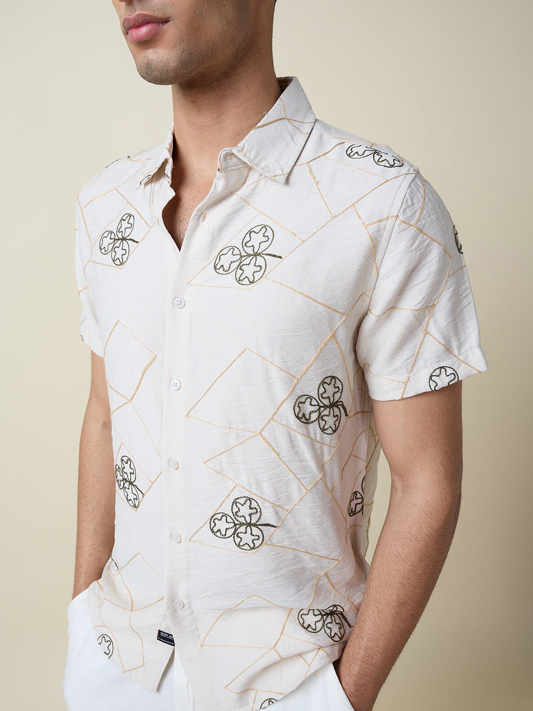 Thomas Scott Men Beige Short Sleeves Spread Collar Slim Fit Embroidered Shirt