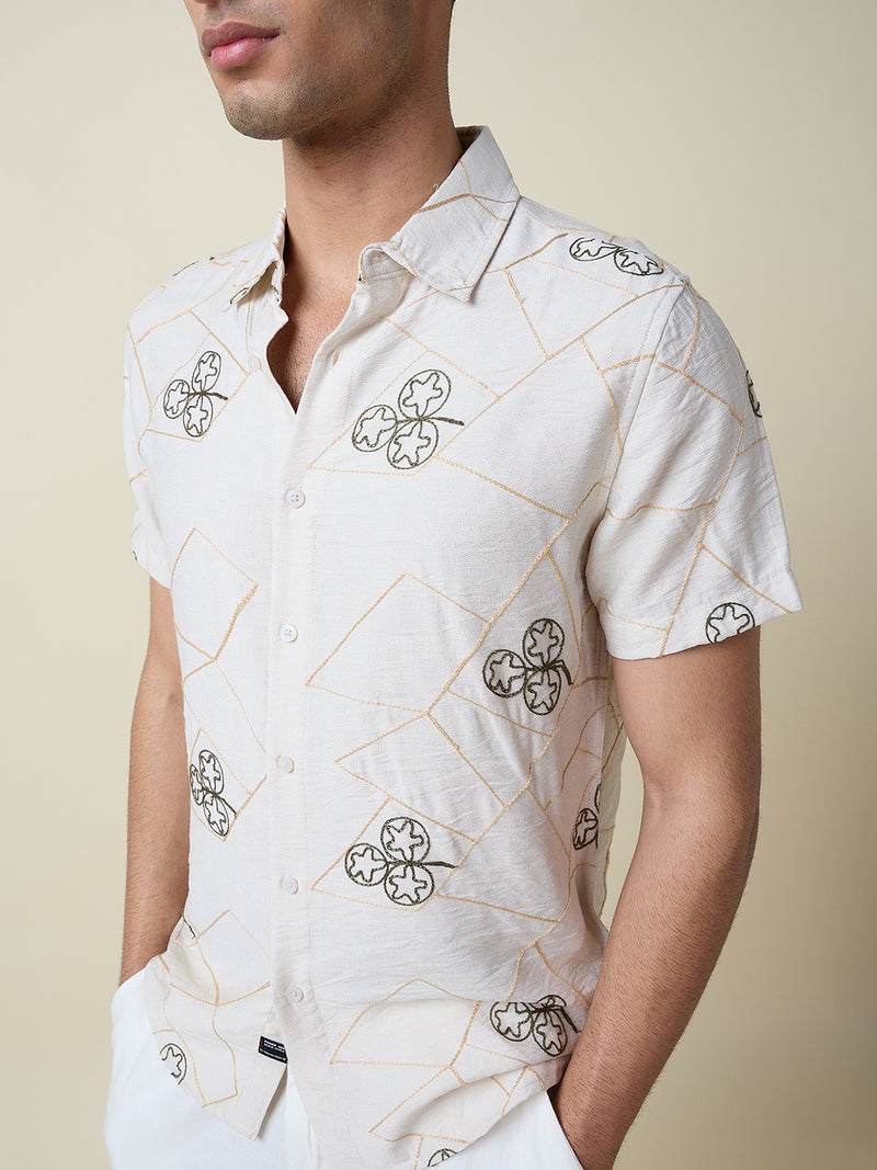 Thomas Scott Men Beige Short Sleeves Spread Collar Slim Fit Embroidered Shirt