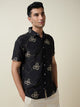 Thomas Scott Men Black Short Sleeves Spread Collar Slim Fit Embroidered Shirt