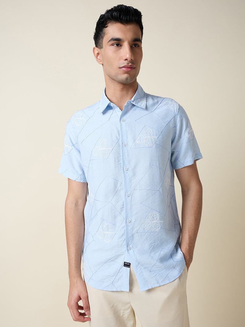 Thomas Scott Men Blue Short Sleeves Spread Collar Slim Fit Embroidered Shirt