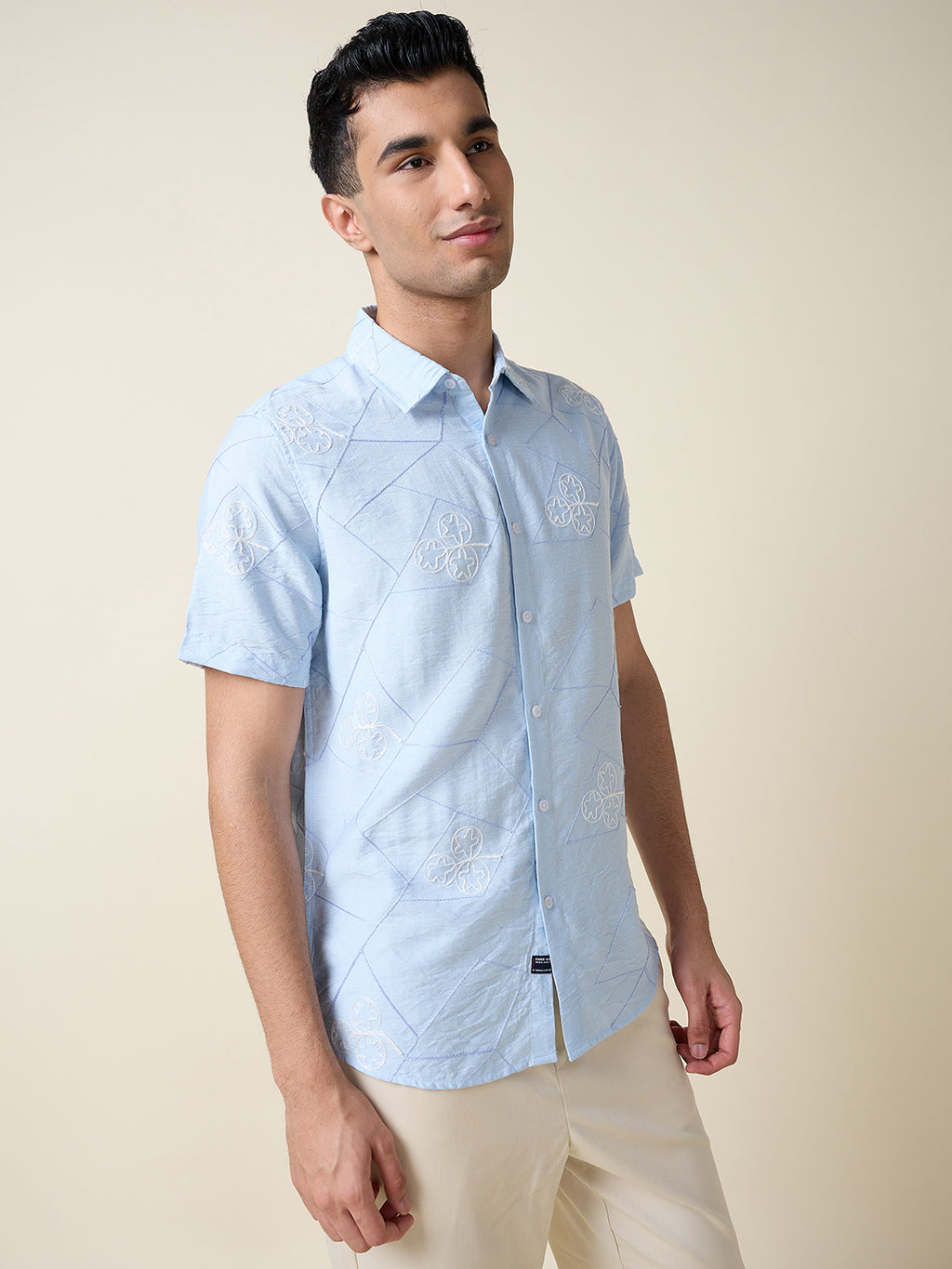 Thomas Scott Men Blue Short Sleeves Spread Collar Slim Fit Embroidered Shirt