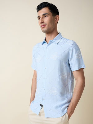 Thomas Scott Men Blue Short Sleeves Spread Collar Slim Fit Embroidered Shirt