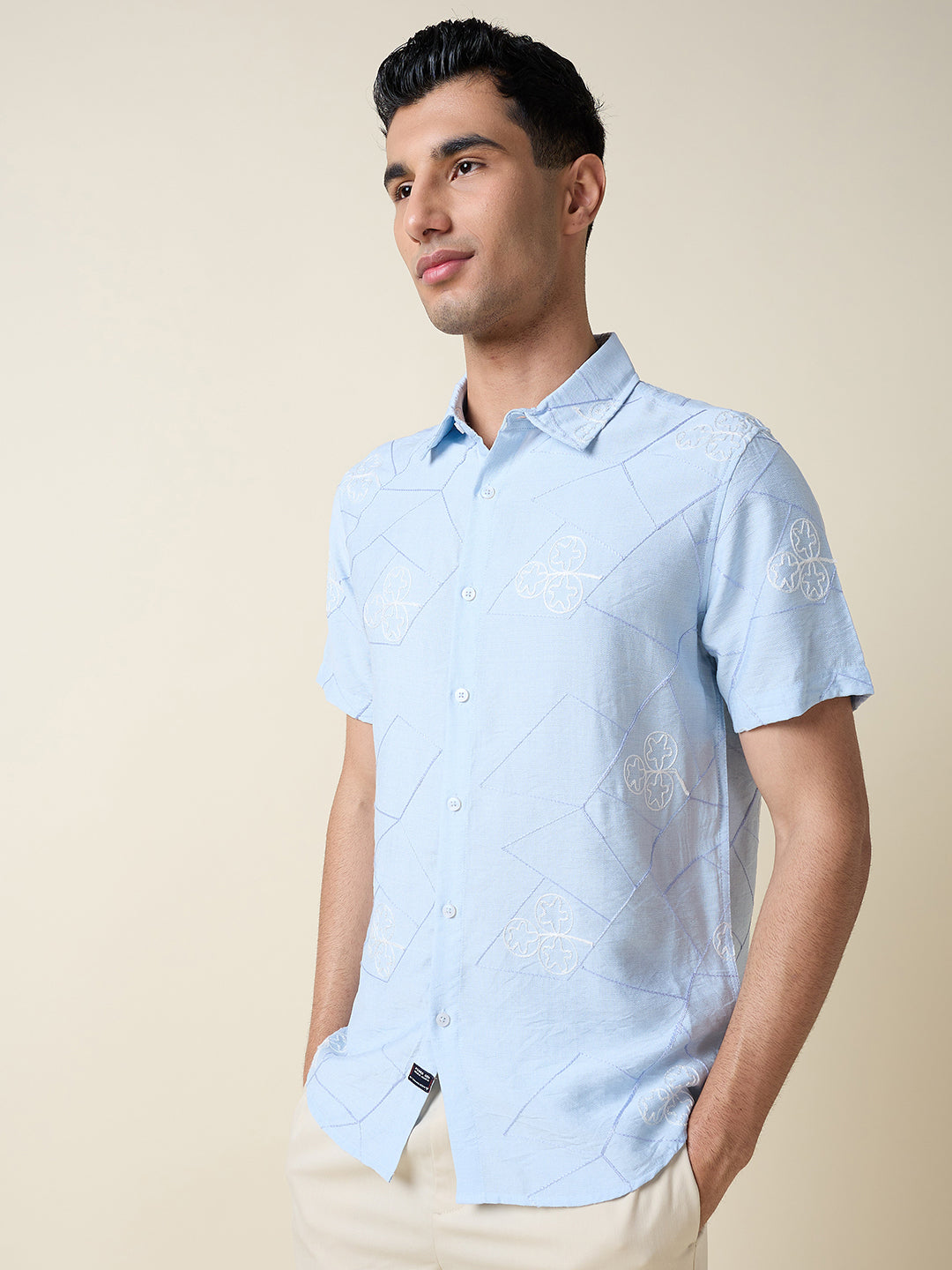 Thomas Scott Men Blue Short Sleeves Spread Collar Slim Fit Embroidered Shirt
