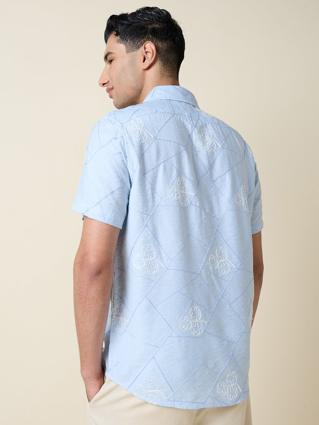 Thomas Scott Men Blue Short Sleeves Spread Collar Slim Fit Embroidered Shirt