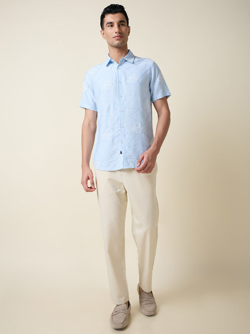 Thomas Scott Men Blue Short Sleeves Spread Collar Slim Fit Embroidered Shirt
