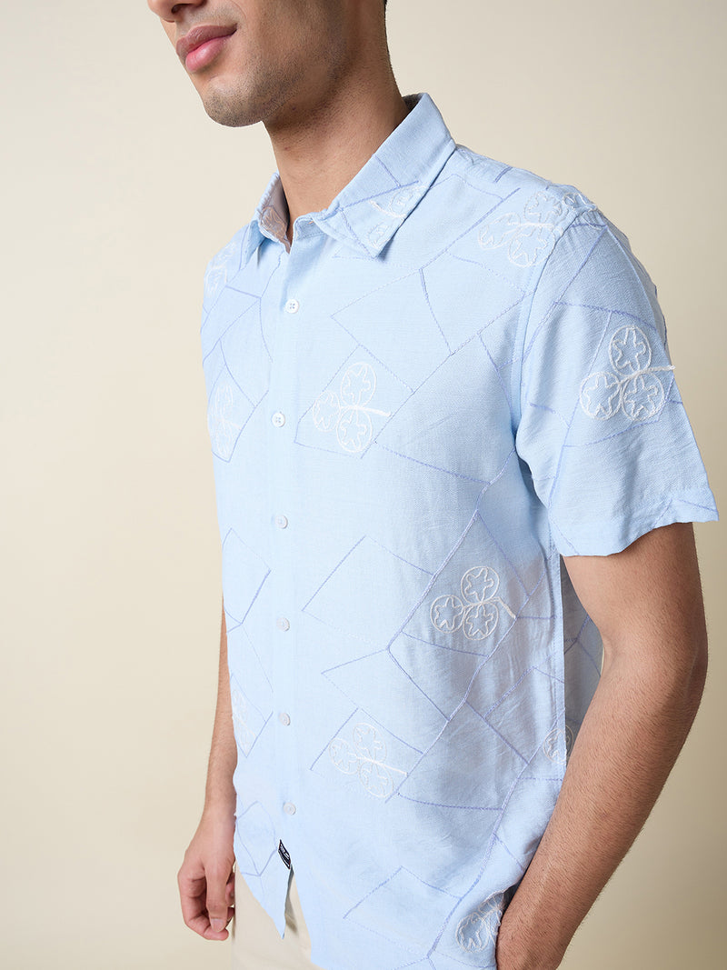 Thomas Scott Men Blue Short Sleeves Spread Collar Slim Fit Embroidered Shirt