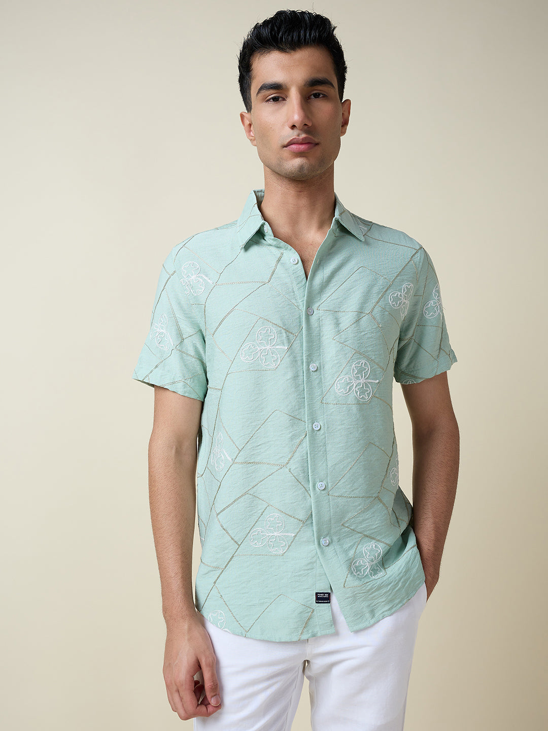 Thomas Scott Men Green Short Sleeves Spread Collar Slim Fit Embroidered Shirt