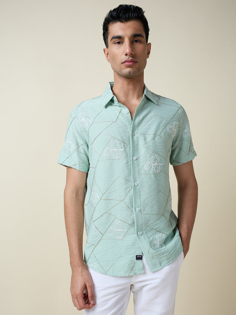 Thomas Scott Men Green Short Sleeves Spread Collar Slim Fit Embroidered Shirt