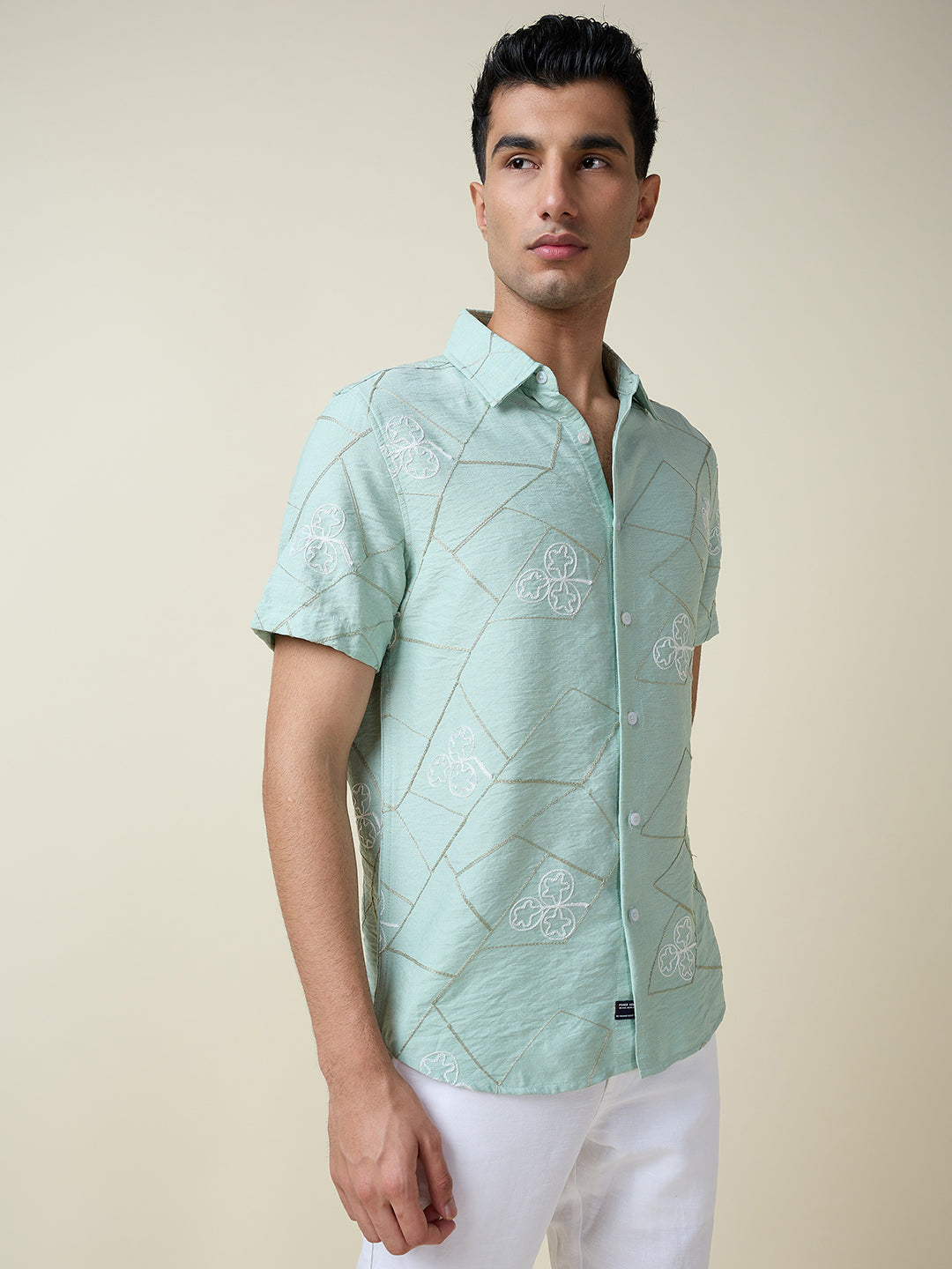 Thomas Scott Men Green Short Sleeves Spread Collar Slim Fit Embroidered Shirt