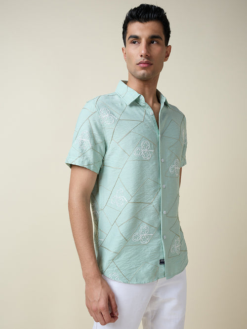 Thomas Scott Men Green Short Sleeves Spread Collar Slim Fit Embroidered Shirt