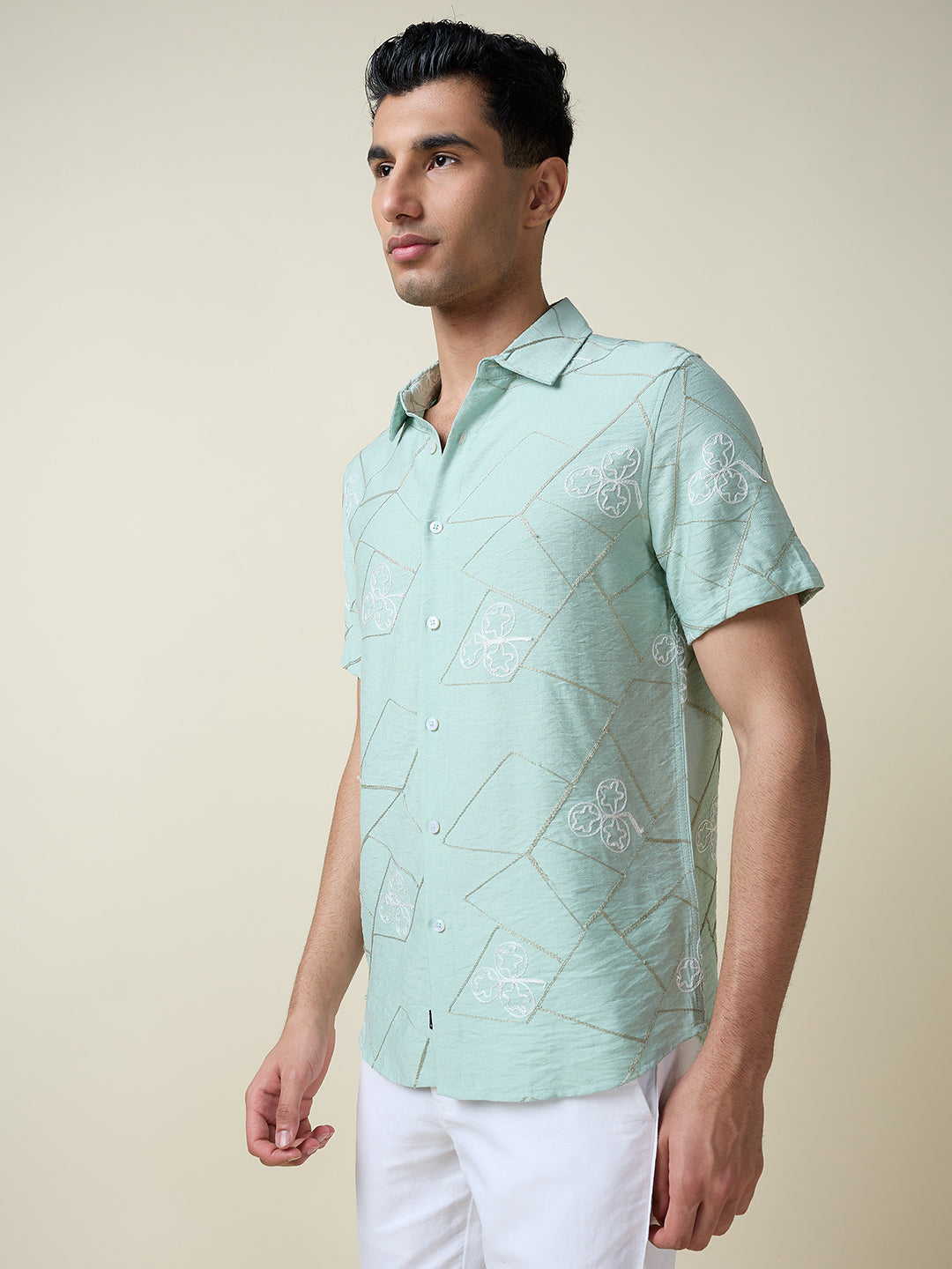 Thomas Scott Men Green Short Sleeves Spread Collar Slim Fit Embroidered Shirt