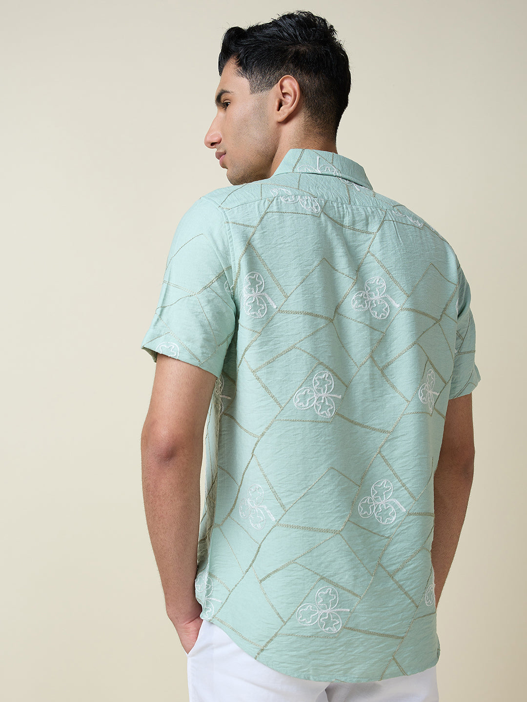 Thomas Scott Men Green Short Sleeves Spread Collar Slim Fit Embroidered Shirt