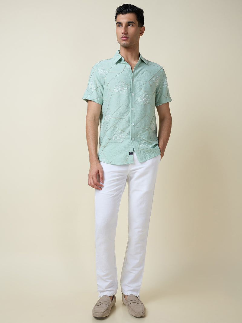 Thomas Scott Men Green Short Sleeves Spread Collar Slim Fit Embroidered Shirt