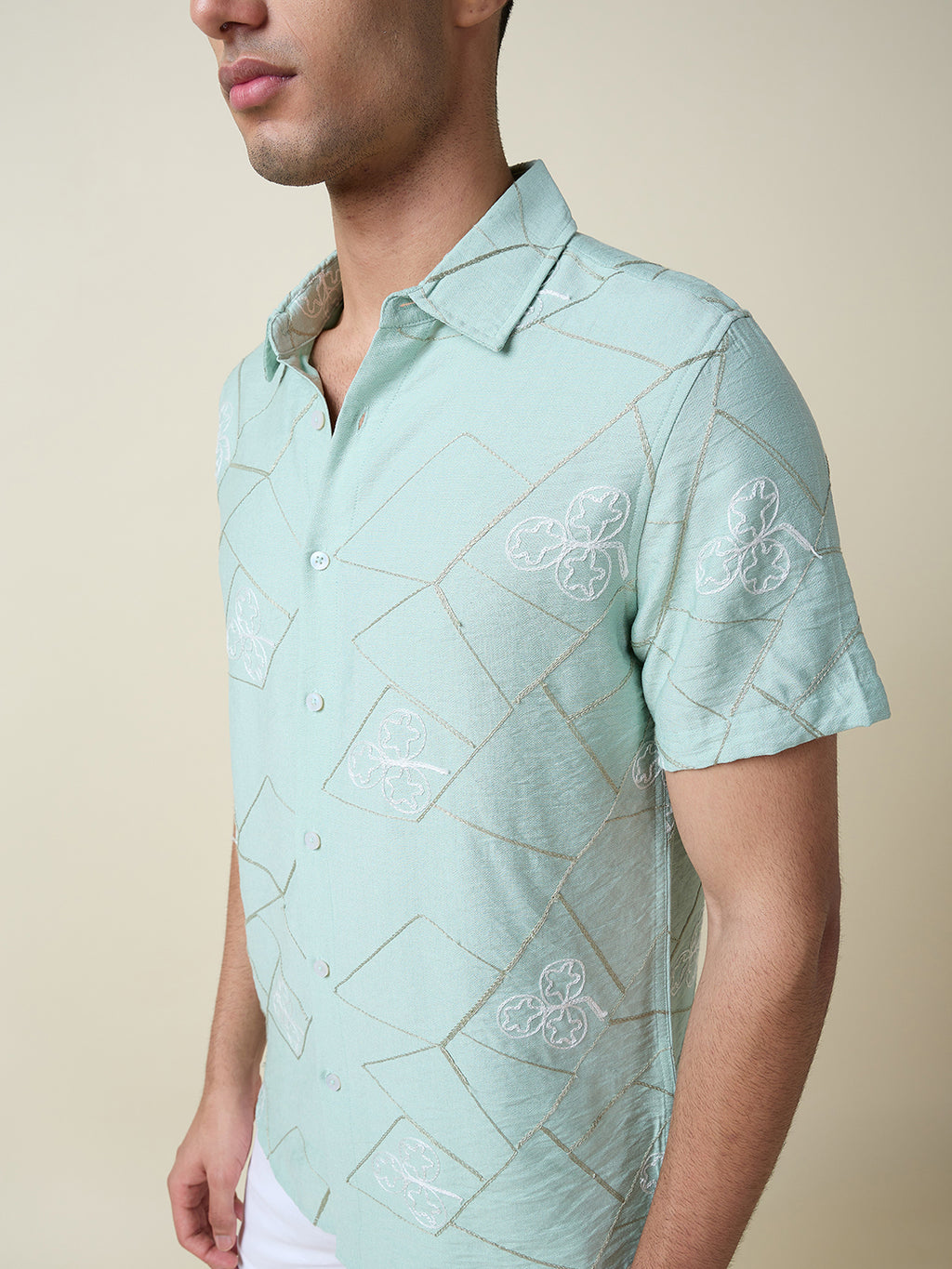 Thomas Scott Men Green Short Sleeves Spread Collar Slim Fit Embroidered Shirt