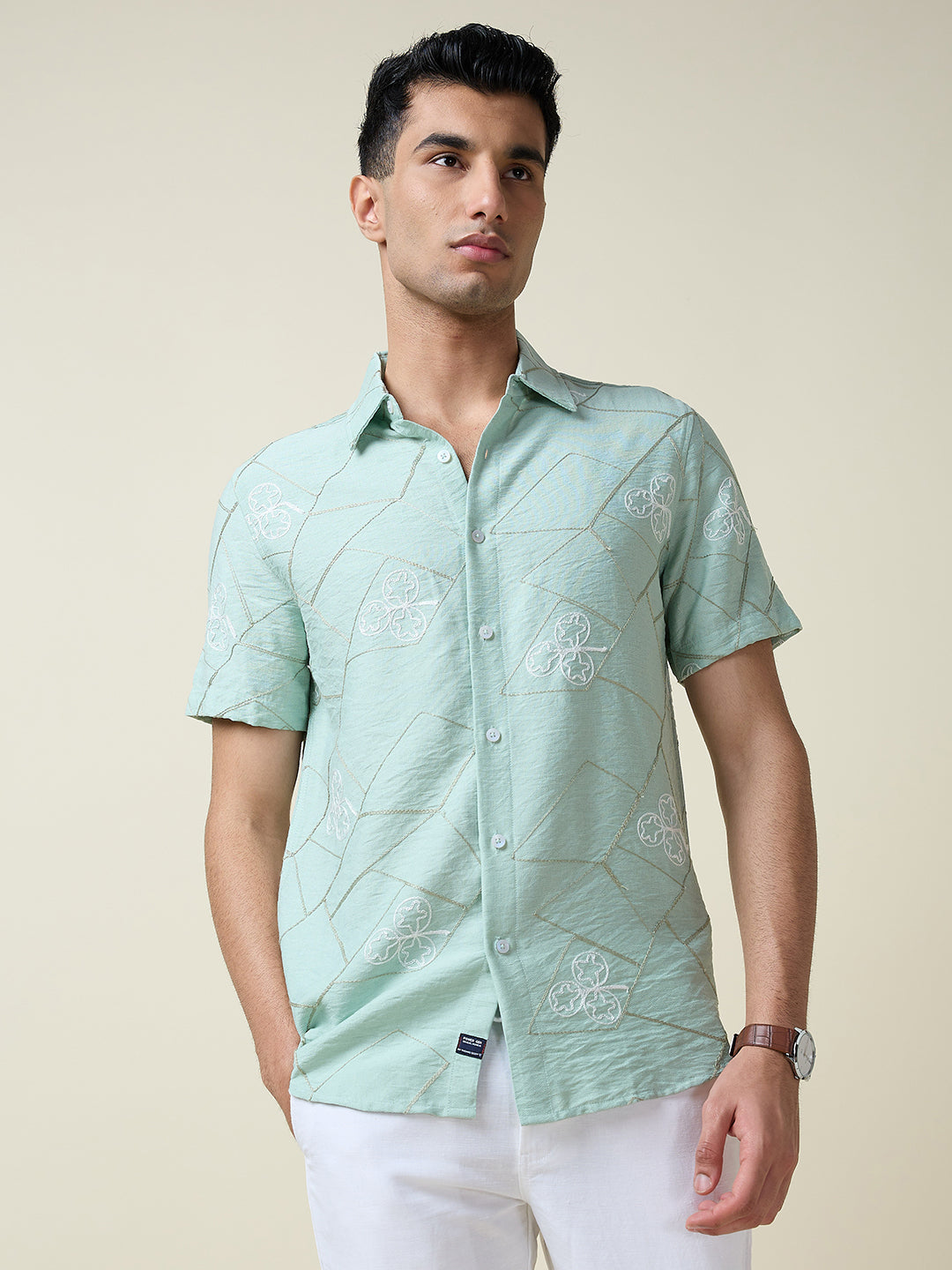 Thomas Scott Men Green Short Sleeves Spread Collar Slim Fit Embroidered Shirt