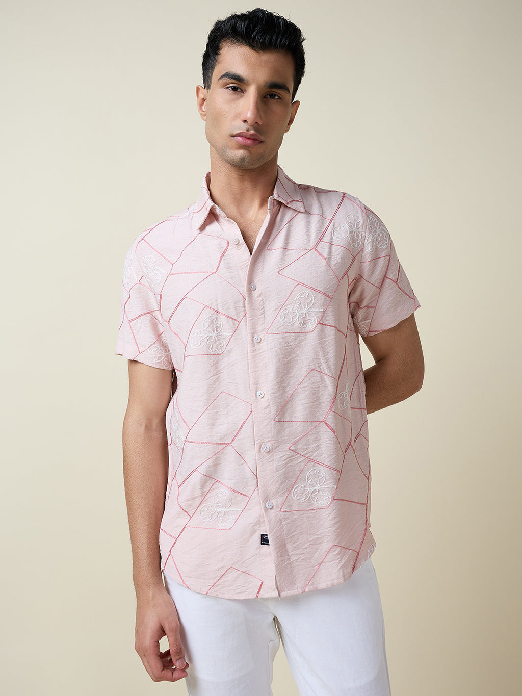 Thomas Scott Men Pink Short Sleeves Spread Collar Slim Fit Embroidered Shirt