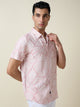 Thomas Scott Men Pink Short Sleeves Spread Collar Slim Fit Embroidered Shirt