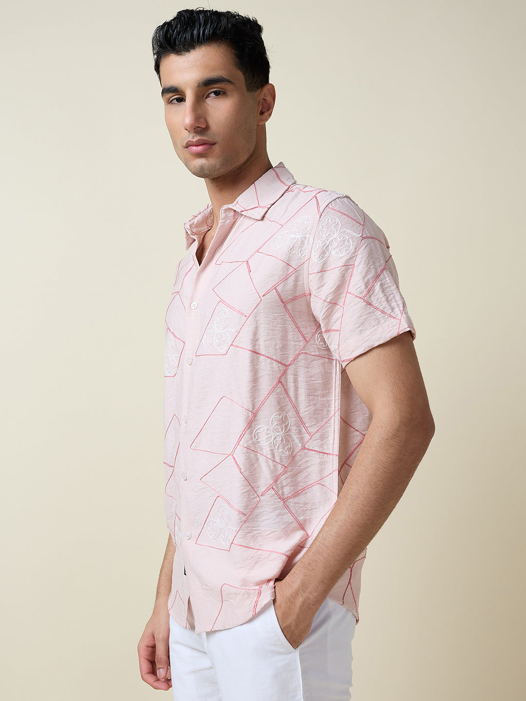 Thomas Scott Men Pink Short Sleeves Spread Collar Slim Fit Embroidered Shirt