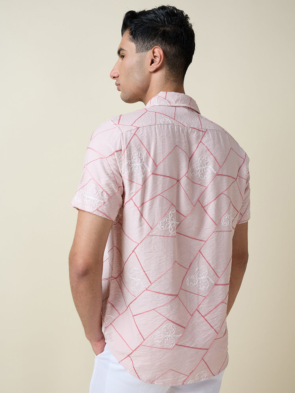Thomas Scott Men Pink Short Sleeves Spread Collar Slim Fit Embroidered Shirt