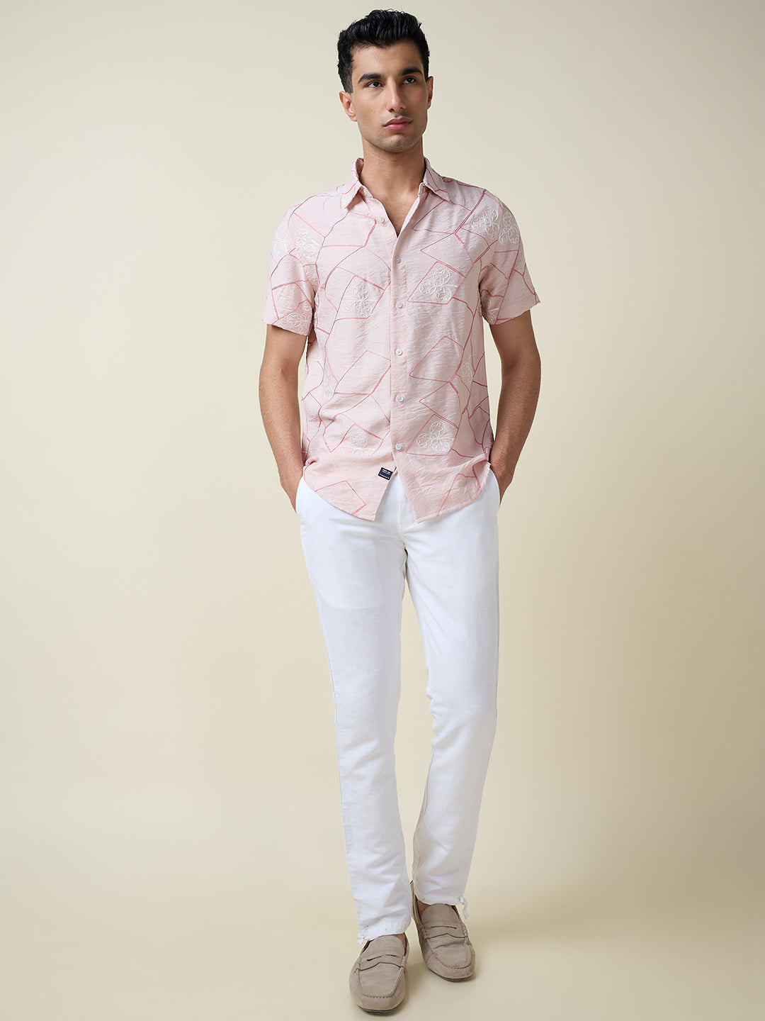 Thomas Scott Men Pink Short Sleeves Spread Collar Slim Fit Embroidered Shirt
