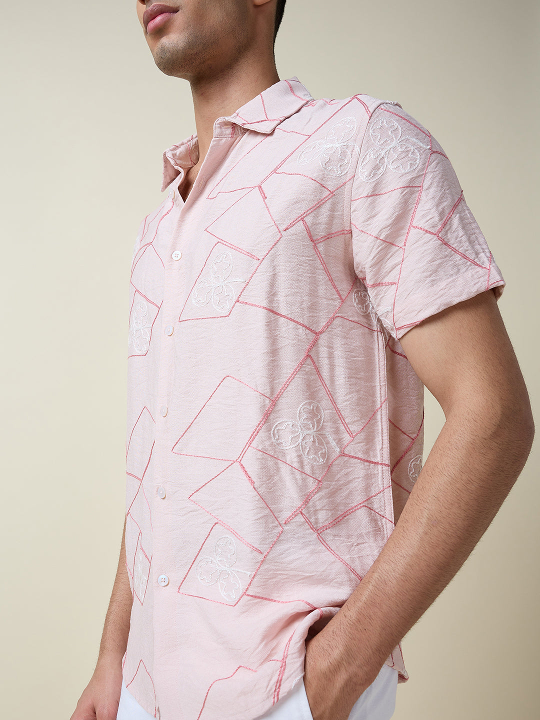 Thomas Scott Men Pink Short Sleeves Spread Collar Slim Fit Embroidered Shirt