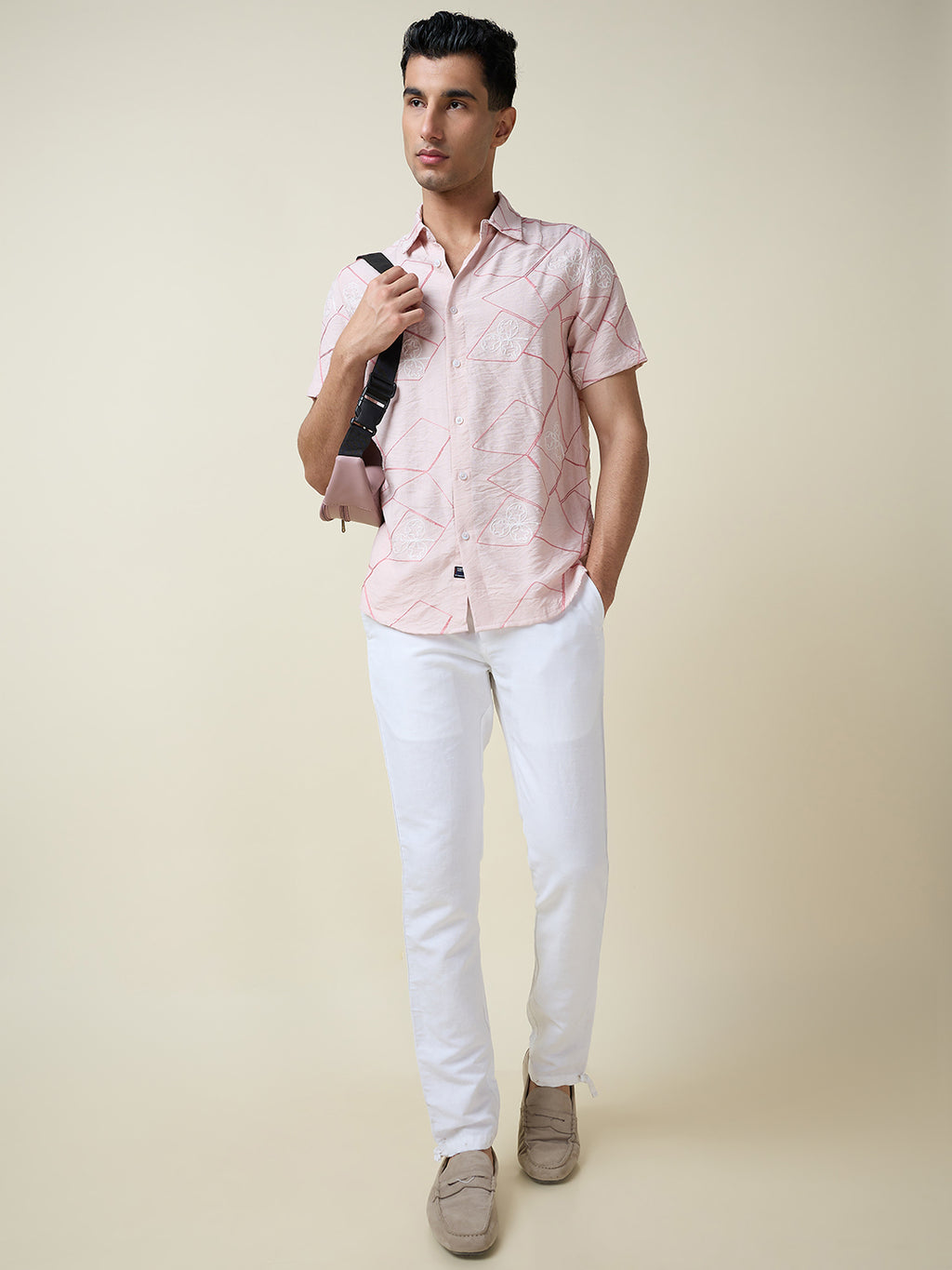 Thomas Scott Men Pink Short Sleeves Spread Collar Slim Fit Embroidered Shirt