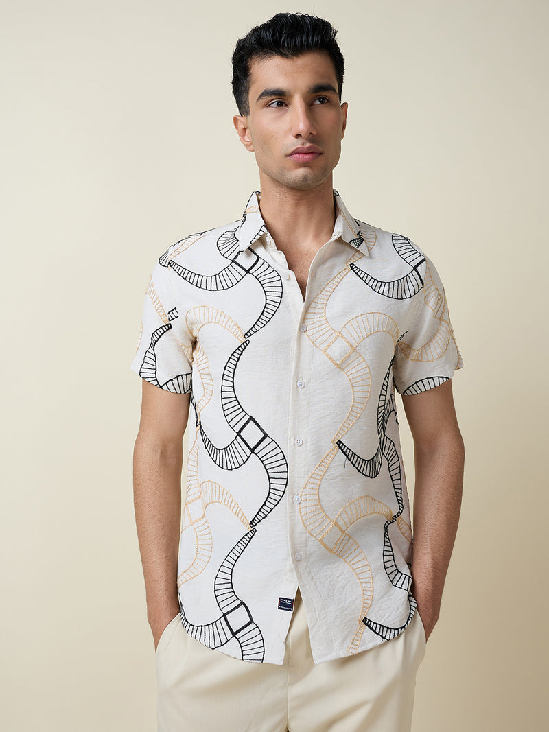 Thomas Scott Men Beige Short Sleeves Spread Collar Slim Fit Embroidered Shirt